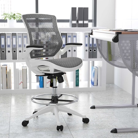 Flash Furniture Gray/White Mid-Back Drafting Chair - Flip-Up Arms BL-LB-8801X-D-GR-WH-GG